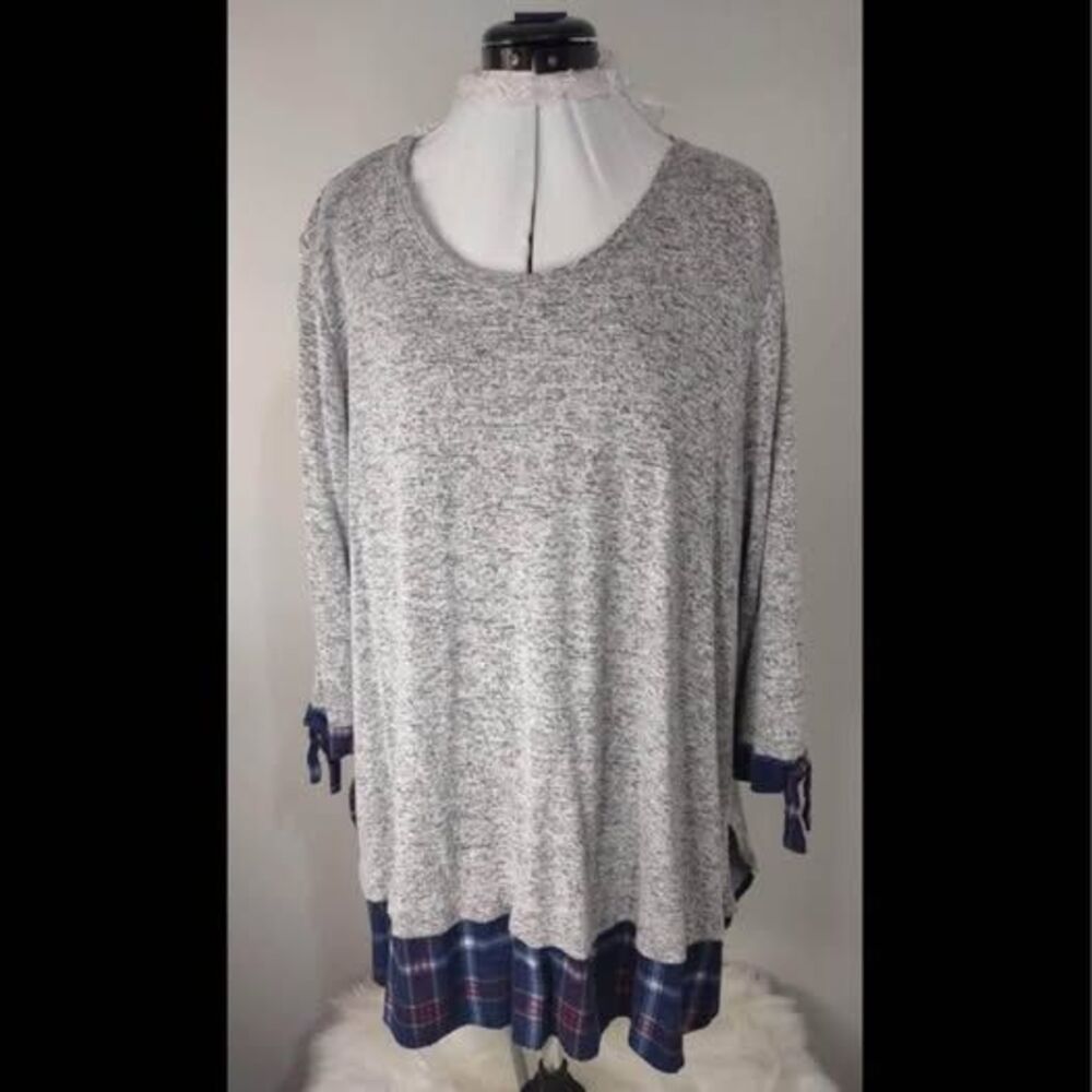 2X Catherine’s Blouse Size 22/24, Grey Marl Tunic with Plaid Trim